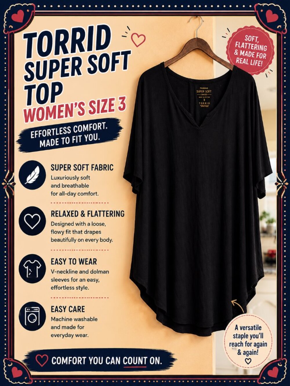 Torrid Super Soft Black Top Women’s Size 3